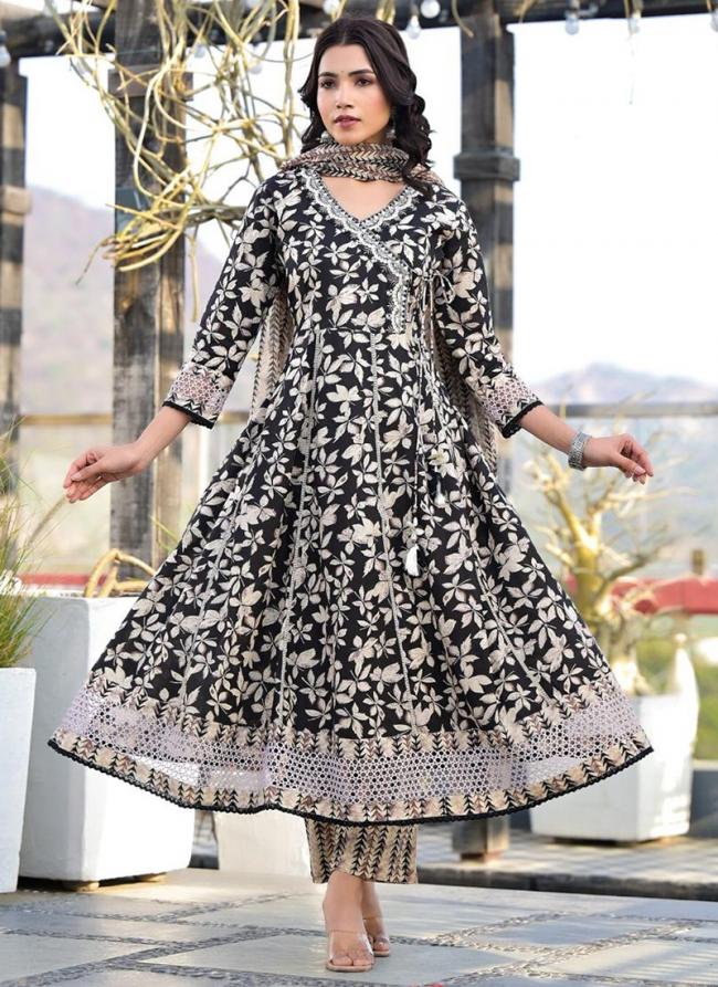 Cotton Black Casual Wear Digital Printed Readymade Anarkali Suit